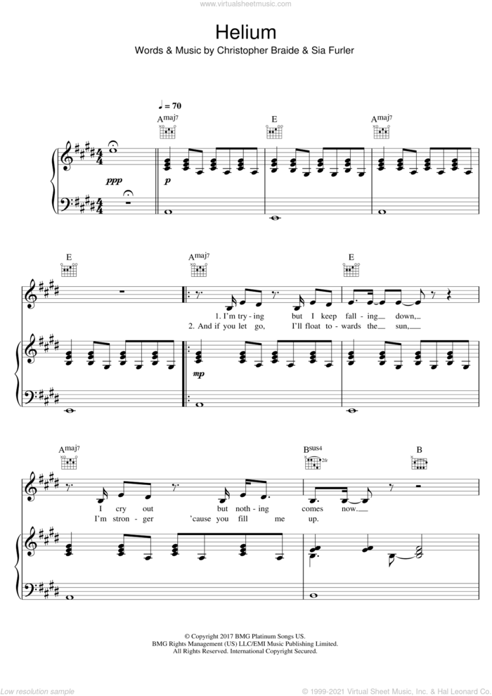Helium sheet music for voice, piano or guitar by Sia, intermediate skill level