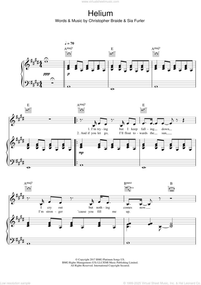 Helium sheet music for voice, piano or guitar by Sia, intermediate skill level