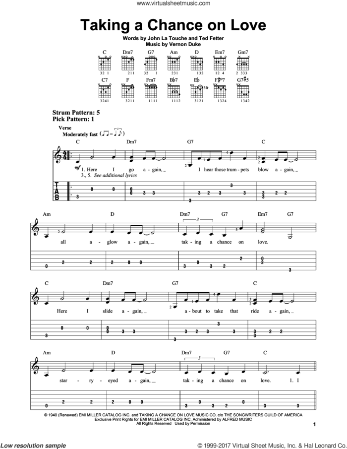 Taking A Chance On Love sheet music for guitar solo (easy tablature) by Vernon Duke, John Latouche and Ted Fetter, easy guitar (easy tablature)