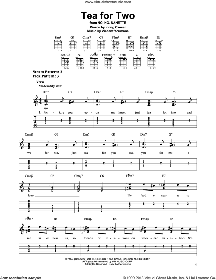 Tea For Two (from No, No, Nanette) sheet music for guitar solo (easy tablature) by Irving Caesar and Vincent Youmans, easy guitar (easy tablature)