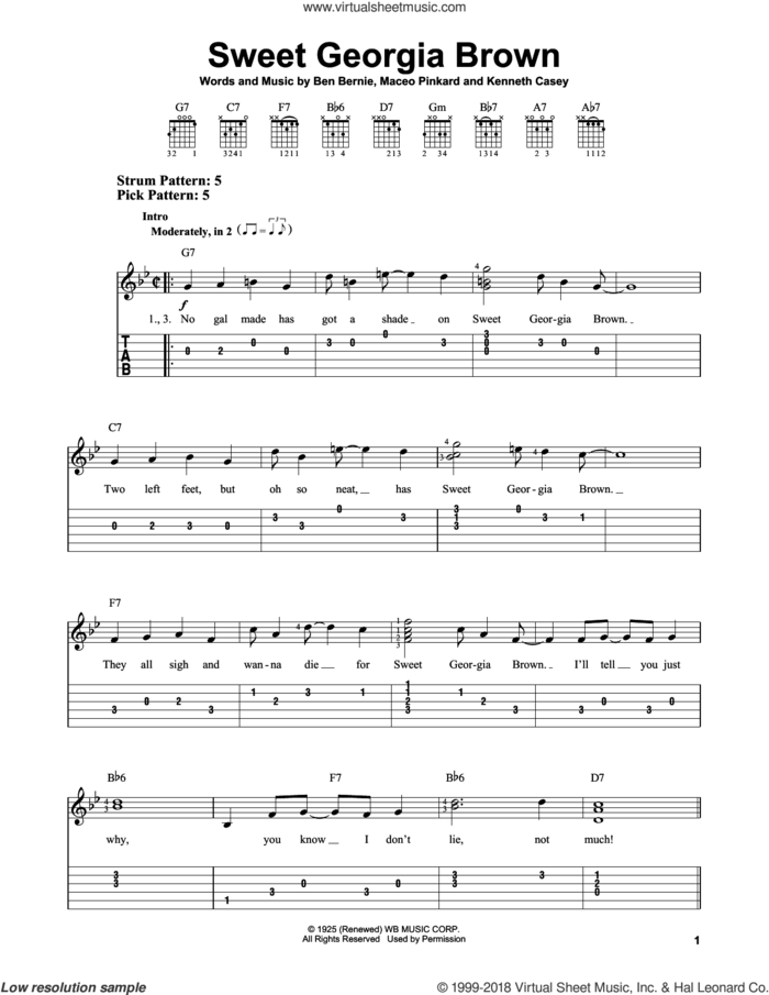 Sweet Georgia Brown sheet music for guitar solo (easy tablature) by Count Basie, Ben Bernie, Kenneth Casey and Maceo Pinkard, easy guitar (easy tablature)