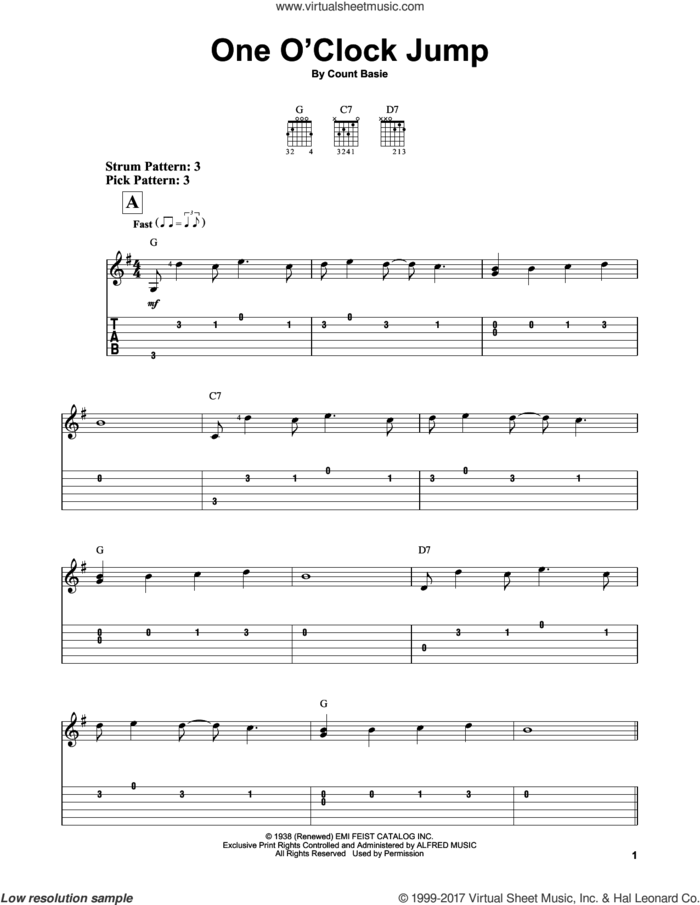 One O'Clock Jump sheet music for guitar solo (easy tablature) by Count Basie, easy guitar (easy tablature)