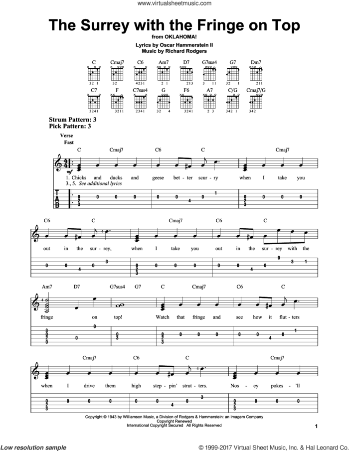 The Surrey With The Fringe On Top (from Oklahoma!) sheet music for guitar solo (easy tablature) by Rodgers & Hammerstein, Oscar II Hammerstein and Richard Rodgers, easy guitar (easy tablature)