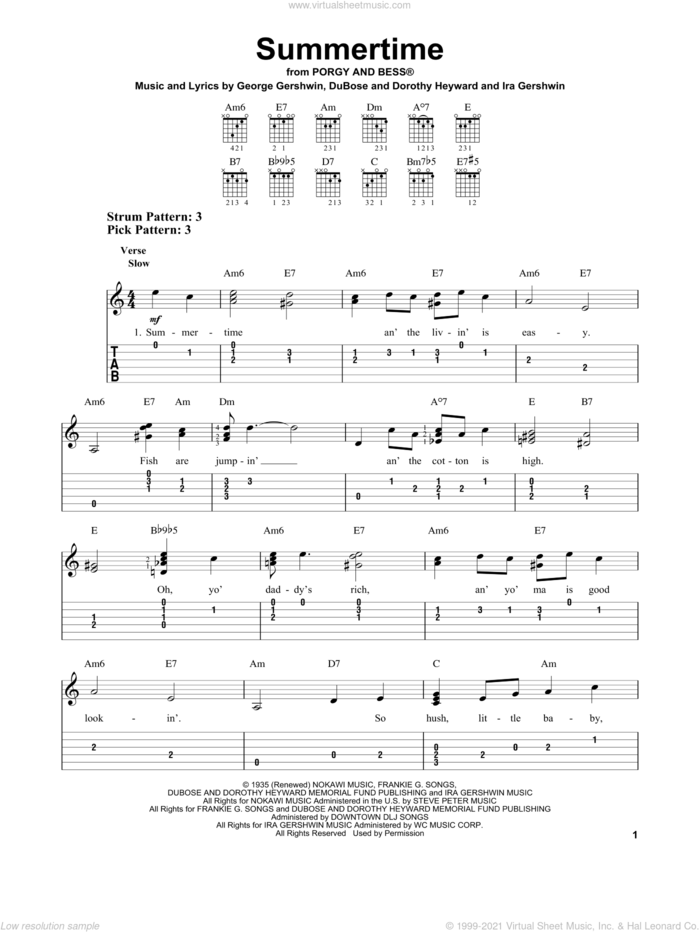 Summertime sheet music for guitar solo (easy tablature) by DuBose Heyward, Dorothy Heyward, George Gershwin and Ira Gershwin, easy guitar (easy tablature)