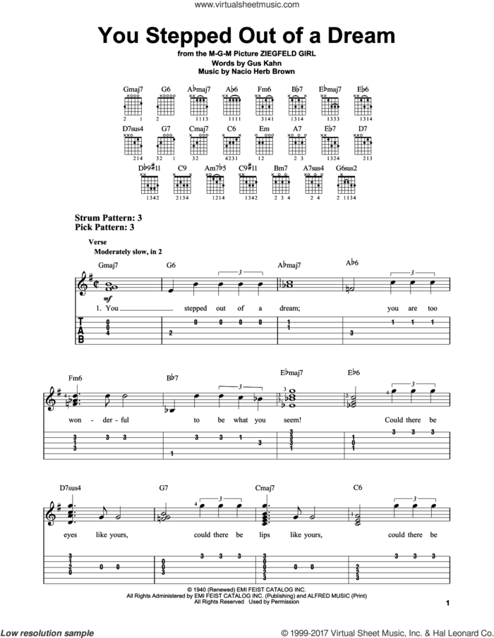 You Stepped Out Of A Dream sheet music for guitar solo (easy tablature) by Nacio Herb Brown and Gus Kahn, easy guitar (easy tablature)