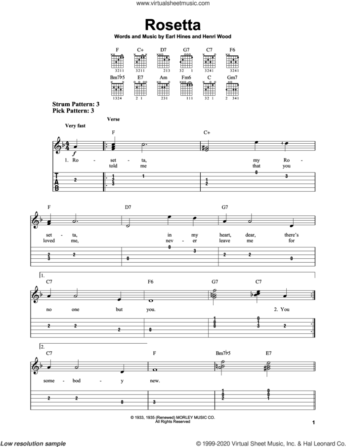 Rosetta sheet music for guitar solo (easy tablature) by Henri Wood and Earl Hines, easy guitar (easy tablature)