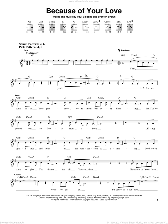 Because Of Your Love sheet music for guitar solo (chords) by Paul Baloche and Brenton Brown, easy guitar (chords)
