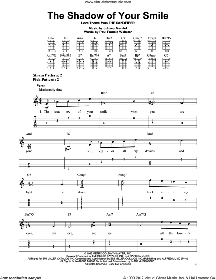 The Shadow Of Your Smile sheet music for guitar solo (easy tablature) by Johnny Mandel and Paul Francis Webster, easy guitar (easy tablature)