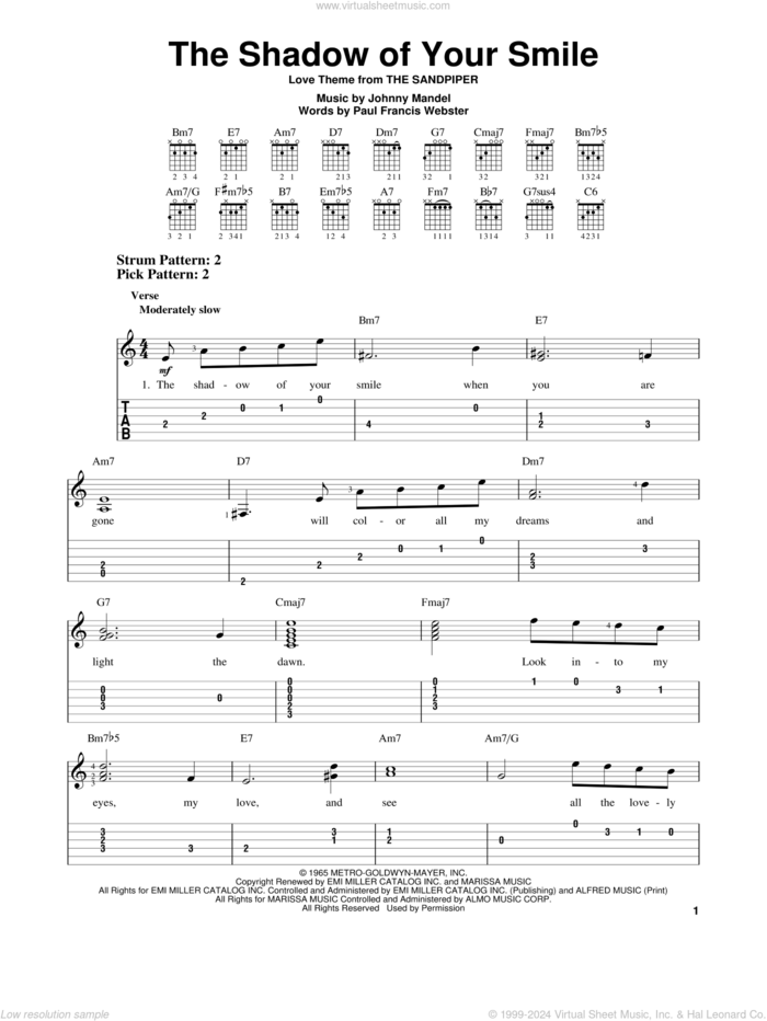 The Shadow Of Your Smile sheet music for guitar solo (easy tablature) by Johnny Mandel and Paul Francis Webster, easy guitar (easy tablature)