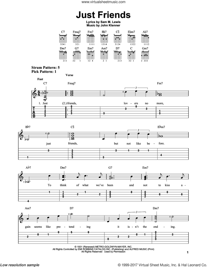 Just Friends sheet music for guitar solo (easy tablature) by John Klenner and Sam Lewis, easy guitar (easy tablature)