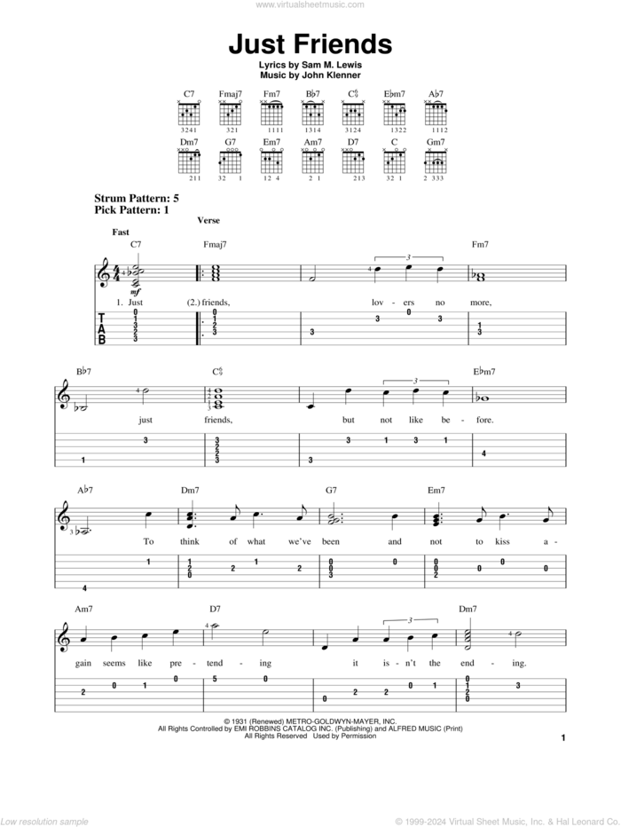 Just Friends sheet music for guitar solo (easy tablature) by John Klenner and Sam Lewis, easy guitar (easy tablature)