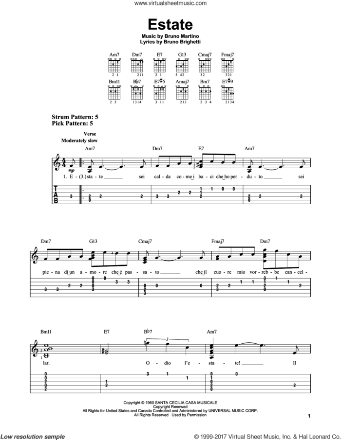 Estate sheet music for guitar solo (easy tablature) by Bruno Brighetti and Bruno Martino, easy guitar (easy tablature)