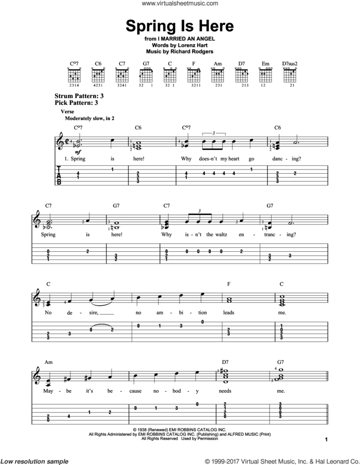 Spring Is Here sheet music for guitar solo (easy tablature) by Rodgers & Hart, Lorenz Hart and Richard Rodgers, easy guitar (easy tablature)