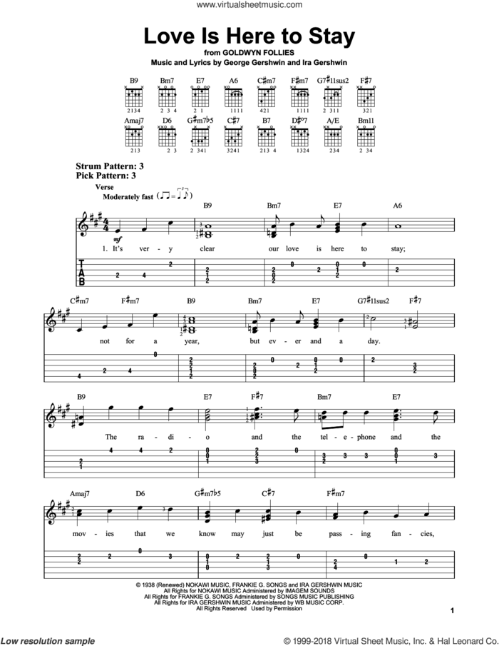 Love Is Here To Stay sheet music for guitar solo (easy tablature) by Ira Gershwin and George Gershwin, easy guitar (easy tablature)