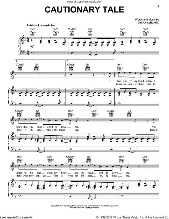 Cautionary Tale sheet music for voice, piano or guitar by Dylan LeBlanc, intermediate skill level
