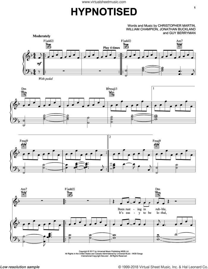 Hypnotised sheet music for voice, piano or guitar by Guy Berryman, Coldplay, Christopher Martin, Jonathan Buckland and William Champion, intermediate skill level