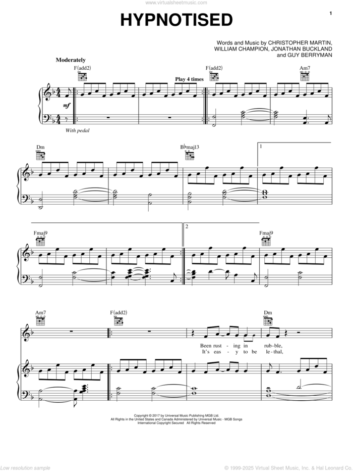 Hypnotised sheet music for voice, piano or guitar by Guy Berryman, Coldplay, Christopher Martin, Jonathan Buckland and William Champion, intermediate skill level