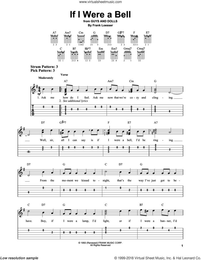 If I Were A Bell sheet music for guitar solo (easy tablature) by Frank Loesser, easy guitar (easy tablature)