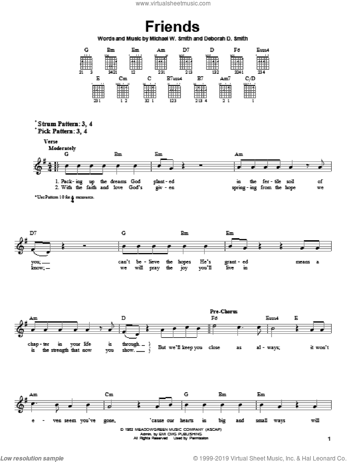 Friends sheet music for guitar solo (chords) by Michael W. Smith and Deborah D. Smith, wedding score, easy guitar (chords)