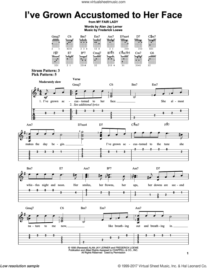 I've Grown Accustomed To Her Face sheet music for guitar solo (easy tablature) by Alan Jay Lerner, Gordon MacRae, Rosemary Clooney and Frederick Loewe, easy guitar (easy tablature)