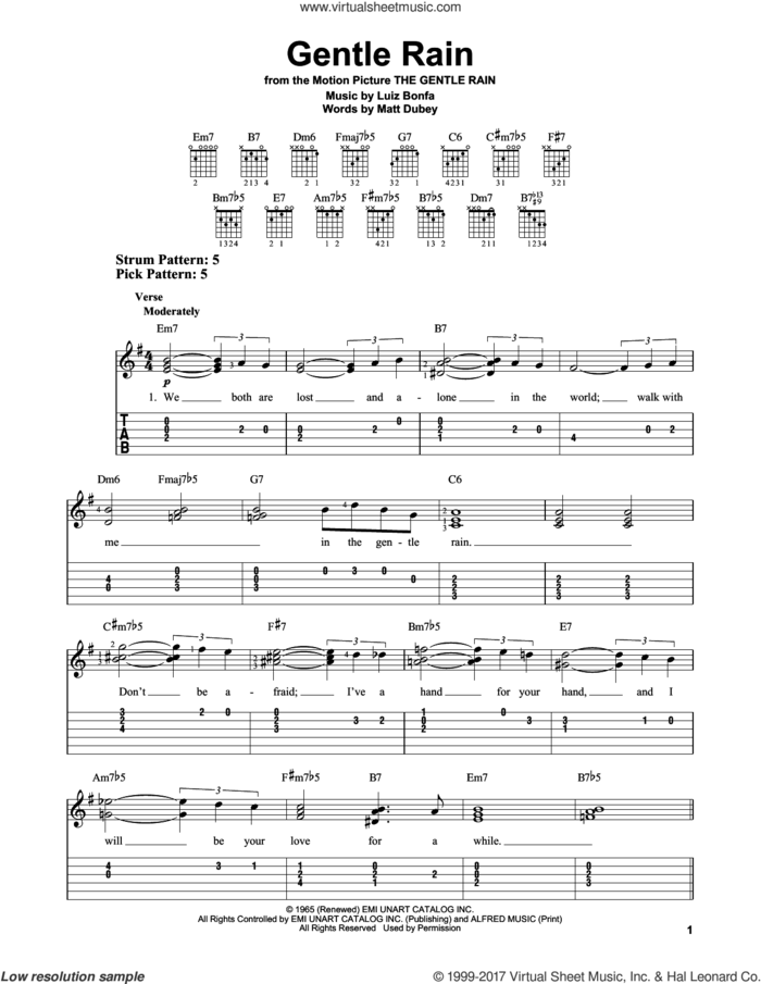 Gentle Rain sheet music for guitar solo (easy tablature) by Luiz Bonfa and Matt Dubey, easy guitar (easy tablature)