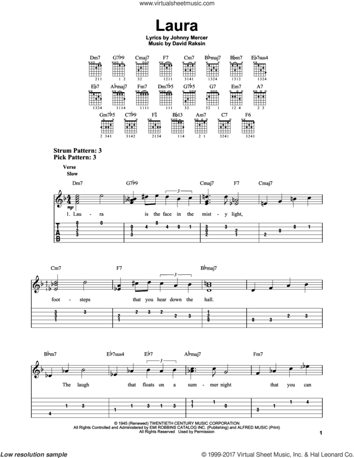Laura sheet music for guitar solo (easy tablature) by Johnny Mercer and David Raksin, easy guitar (easy tablature)
