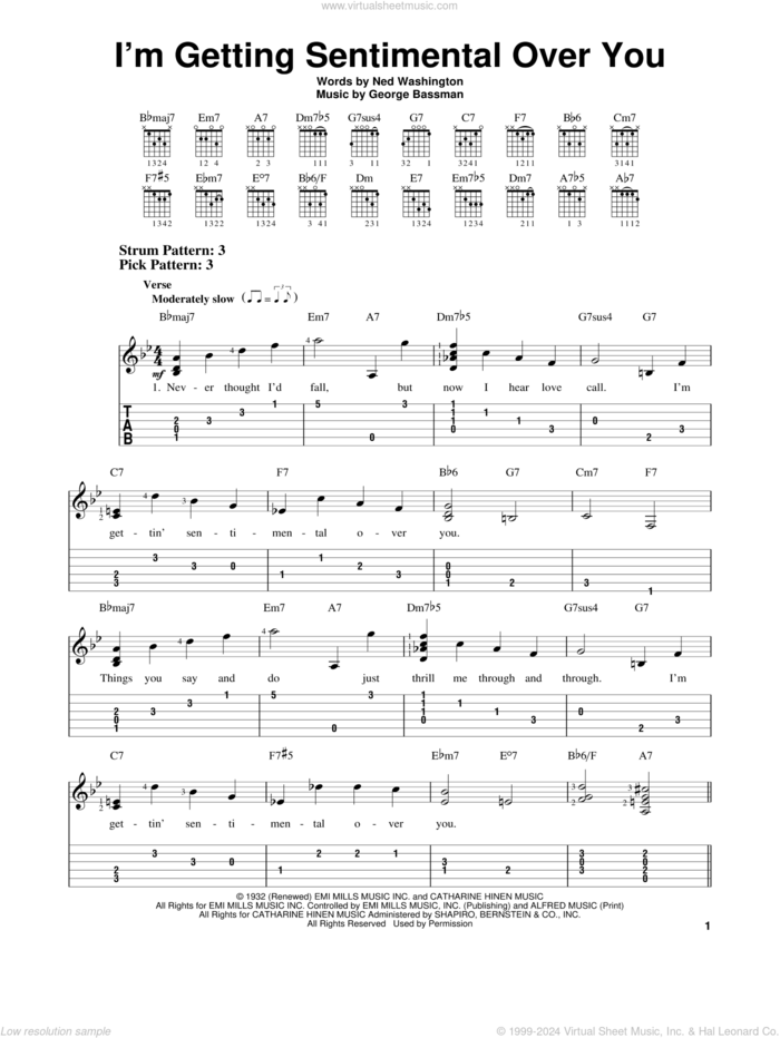 I'm Getting Sentimental Over You sheet music for guitar solo (easy tablature) by Ned Washington and George Bassman, easy guitar (easy tablature)