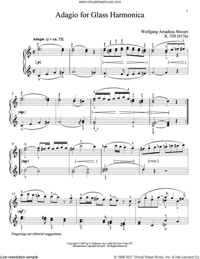 Adagio For Glass Harmonica, K. 356 (617a) sheet music for piano solo by Wolfgang Amadeus Mozart and Richard Walters, classical score, intermediate skill level