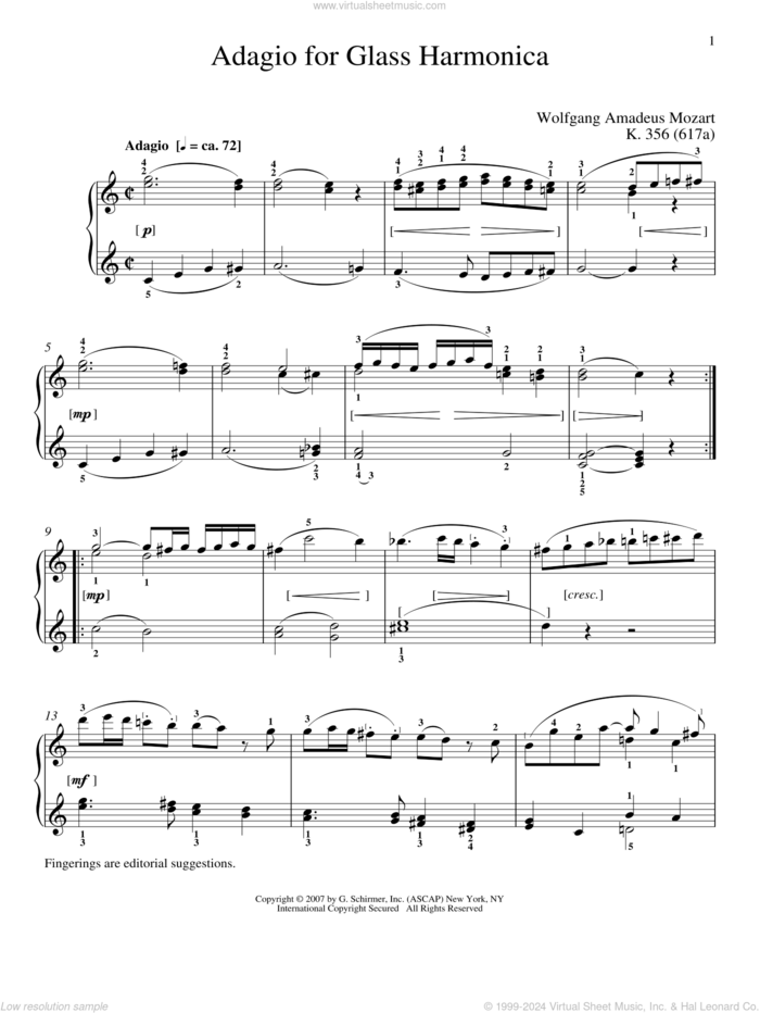 Adagio For Glass Harmonica, K. 356 (617a) sheet music for piano solo by Wolfgang Amadeus Mozart and Richard Walters, classical score, intermediate skill level