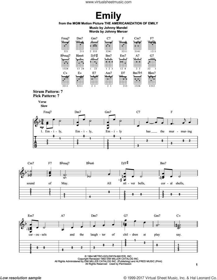 Emily sheet music for guitar solo (easy tablature) by Johnny Mercer and Johnny Mandel, easy guitar (easy tablature)