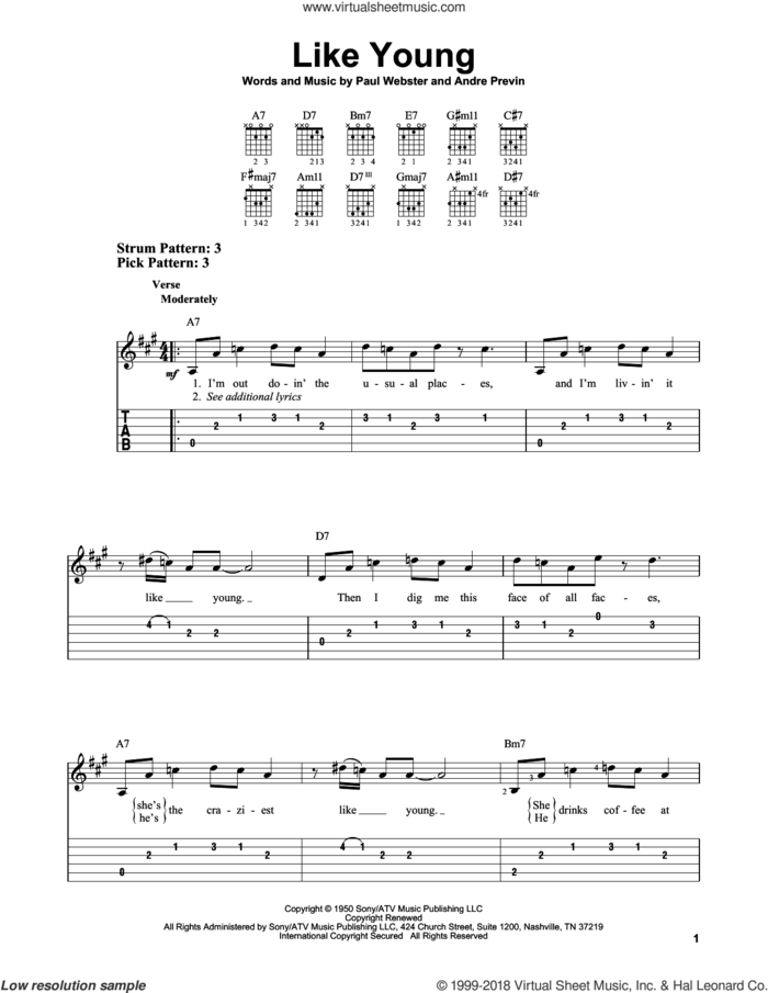 Like Young sheet music for guitar solo (easy tablature) by Andre Previn, Andre Previn and Paul Francis Webster, easy guitar (easy tablature)