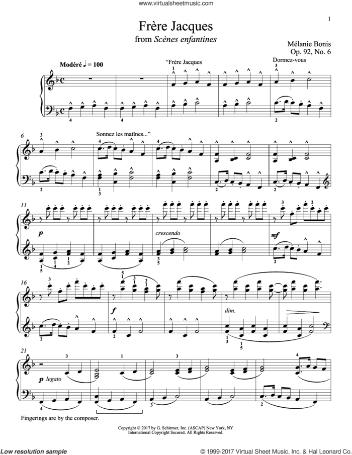 Frere Jacques sheet music for piano solo by Melanie Bonis and Richard Walters, classical score, intermediate skill level