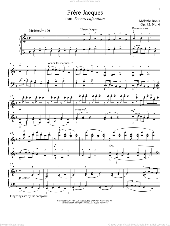 Frere Jacques sheet music for piano solo by Melanie Bonis and Richard Walters, classical score, intermediate skill level