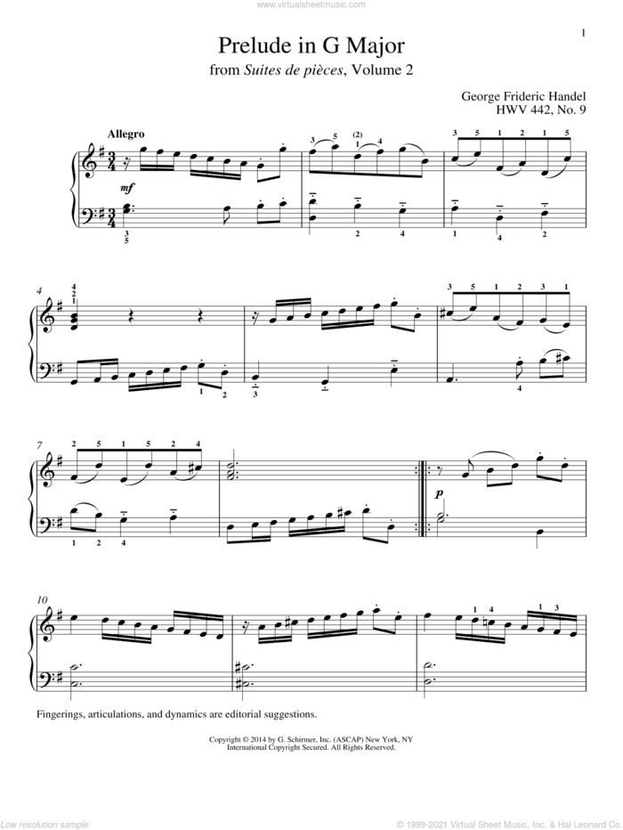 Prelude In G Major, HWV 442 sheet music for piano solo by George Frideric Handel and Richard Walters, classical score, intermediate skill level