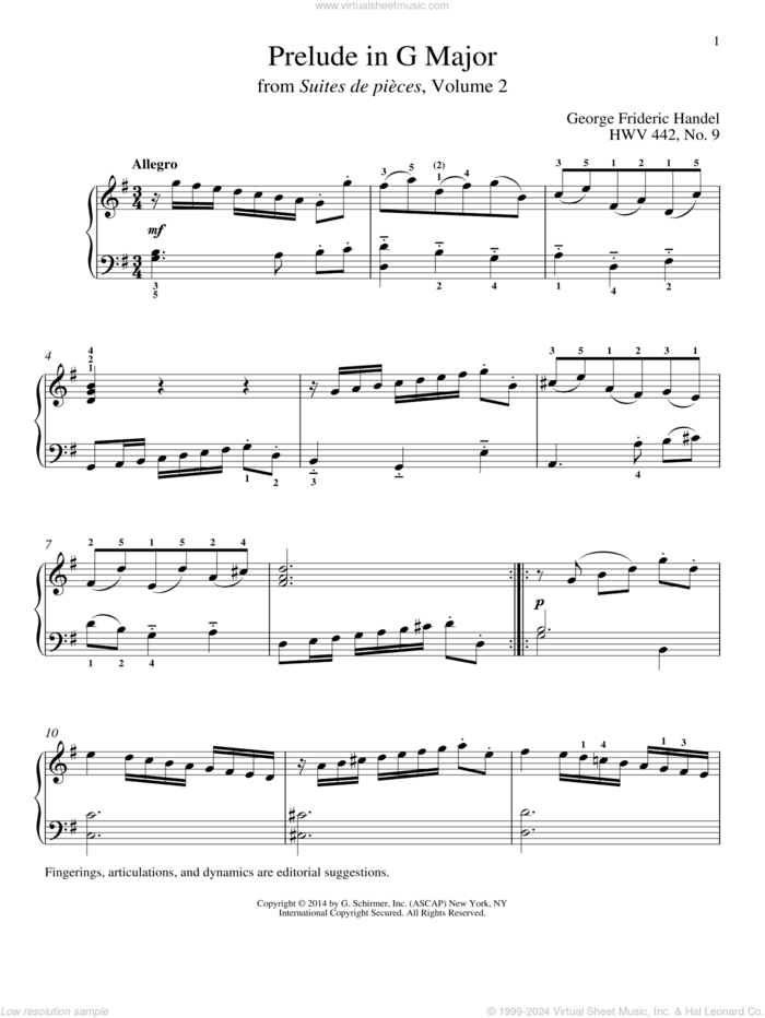 Prelude In G Major, HWV 442 sheet music for piano solo by George Frideric Handel and Richard Walters, classical score, intermediate skill level