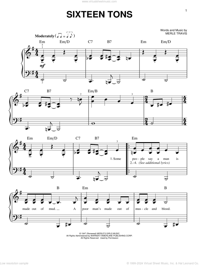 Sixteen Tons sheet music for piano solo by Tennessee Ernie Ford and Merle Travis, easy skill level