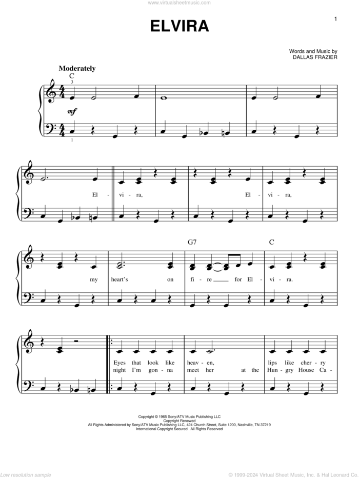 Elvira sheet music for piano solo by Oak Ridge Boys and Dallas Frazier, easy skill level