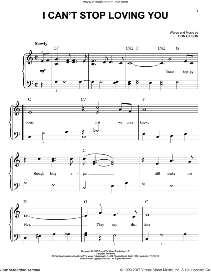 I Can't Stop Loving You sheet music for piano solo by Don Gibson, Conway Twitty, Elvis Presley, Kitty Wells and Ray Charles, easy skill level