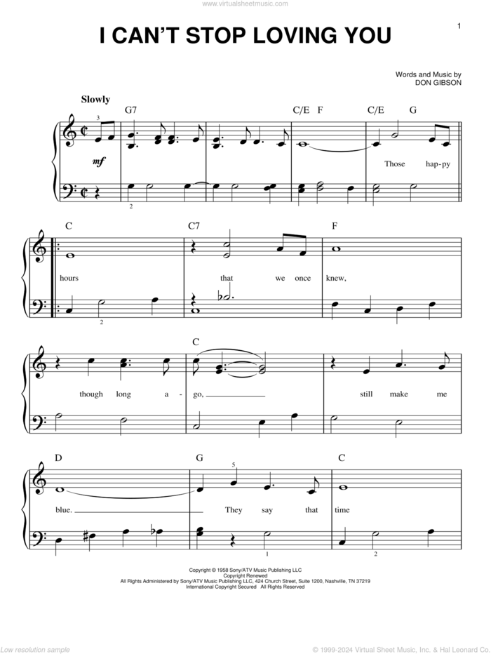 I Can't Stop Loving You sheet music for piano solo by Don Gibson, Conway Twitty, Elvis Presley, Kitty Wells and Ray Charles, easy skill level