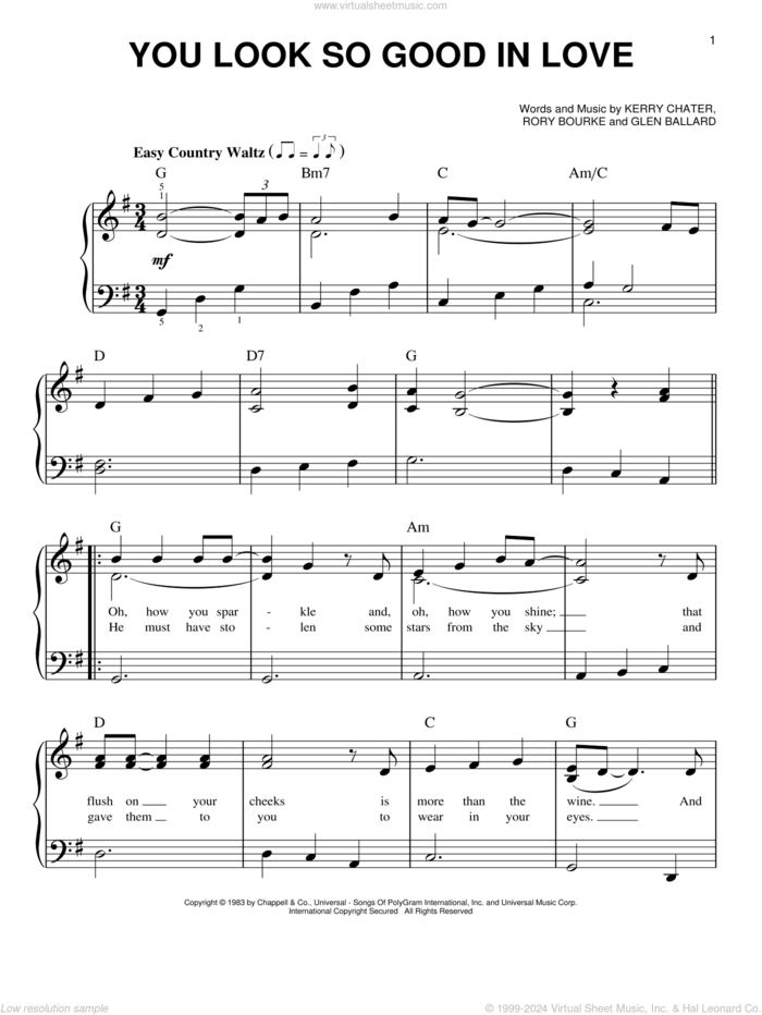 You Look So Good In Love sheet music for piano solo by George Strait, Glen Ballard, Kerry Chater and Rory Bourke, easy skill level