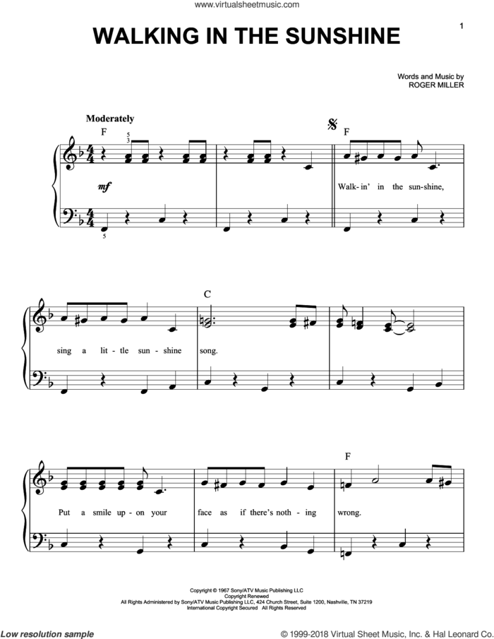 Walking In The Sunshine sheet music for piano solo by Roger Miller, easy skill level