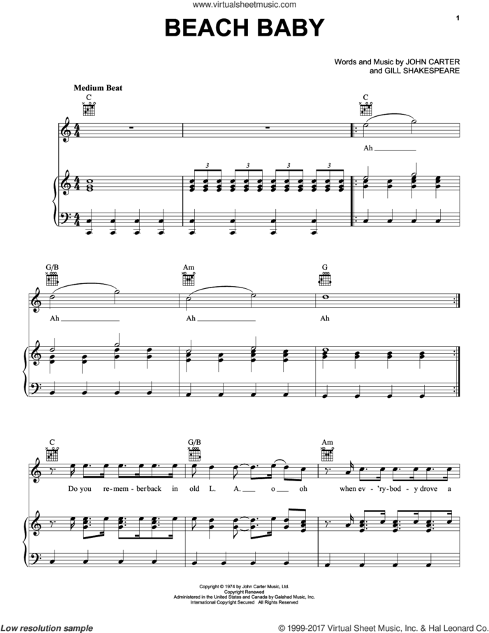 Beach Baby sheet music for voice, piano or guitar by The First Class, Gill Shakespeare and John Carter, intermediate skill level