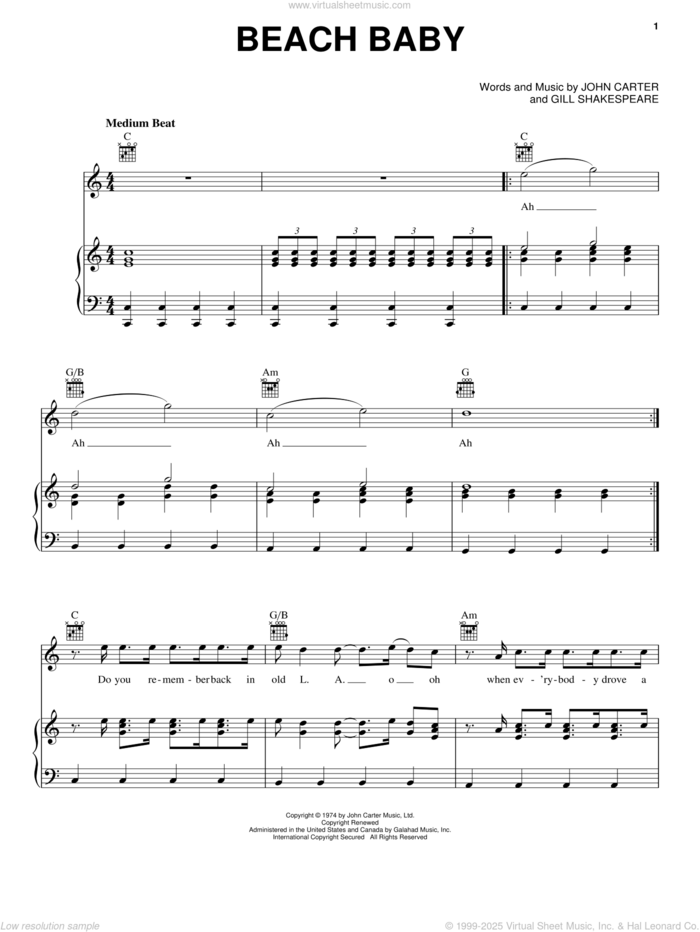 Beach Baby sheet music for voice, piano or guitar by The First Class, Gill Shakespeare and John Carter, intermediate skill level