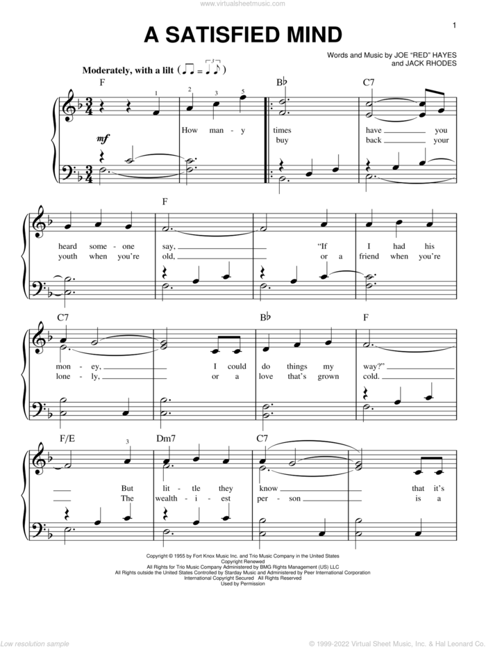 A Satisfied Mind sheet music for piano solo by Porter Wagoner, Jean Shepard, Red Foley & Betty Foley, Jack Rhodes and Joe 'Red' Hayes, easy skill level