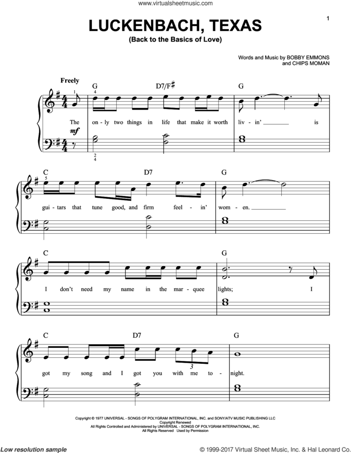 Luckenbach, Texas (Back To The Basics Of Love) sheet music for piano solo by Waylon Jennings, Bobby Emmons and Chips Moman, easy skill level