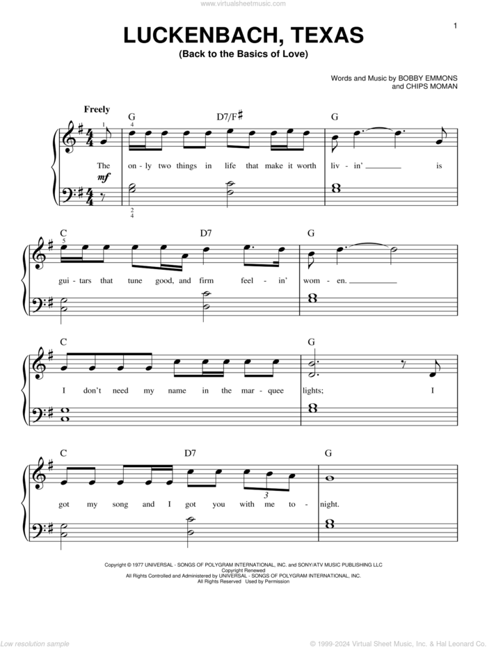 Luckenbach, Texas (Back To The Basics Of Love), (easy) sheet music for piano solo by Waylon Jennings, Bobby Emmons and Chips Moman, easy skill level