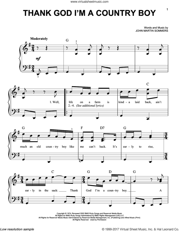 Thank God I'm A Country Boy sheet music for piano solo by John Denver and John Martin Sommers, easy skill level