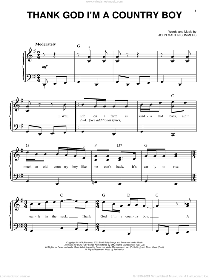 Thank God I'm A Country Boy sheet music for piano solo by John Denver and John Martin Sommers, easy skill level