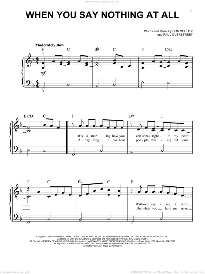 When You Say Nothing At All sheet music for piano solo by Alison Krauss & Union Station, Keith Whitley, Don Schlitz and Paul Overstreet, easy skill level