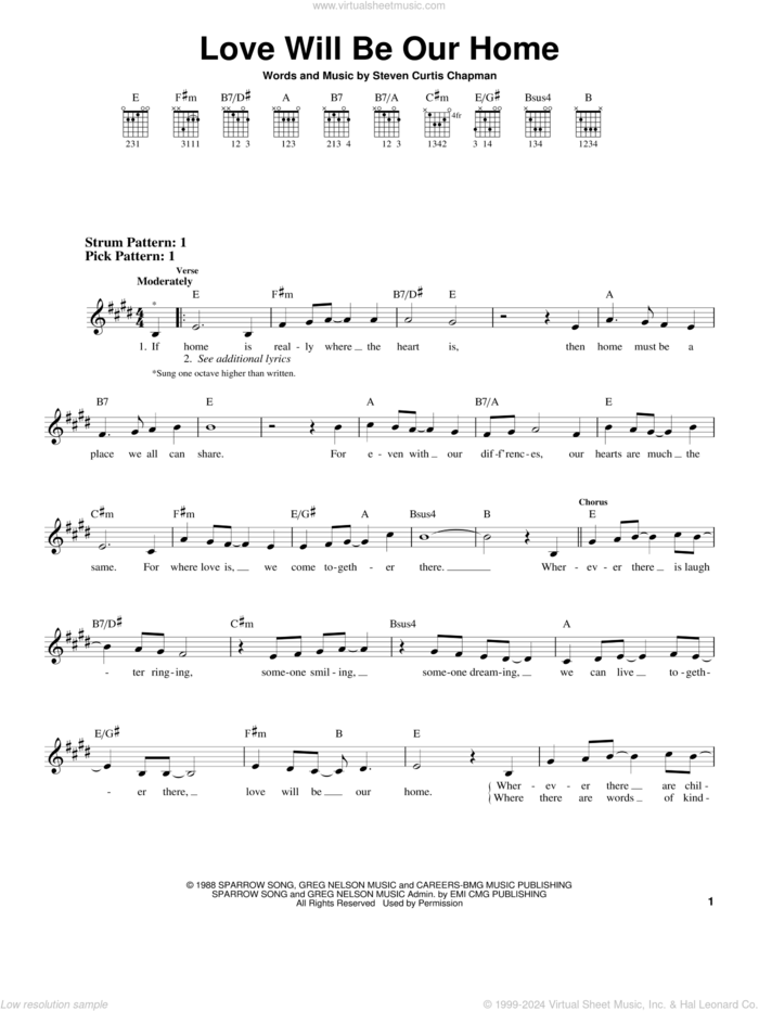 Love Will Be Our Home sheet music for guitar solo (chords) by Sandi Patty and Steven Curtis Chapman, wedding score, easy guitar (chords)